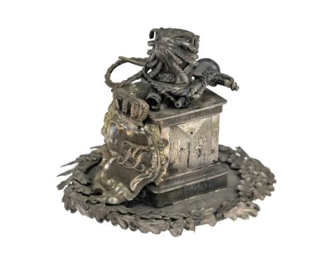 Silver Miniature Memorial Altar with Trophies. Mid-19th Century. German or Swiss. 2" high. Sword, trumpet and plumed helmet s