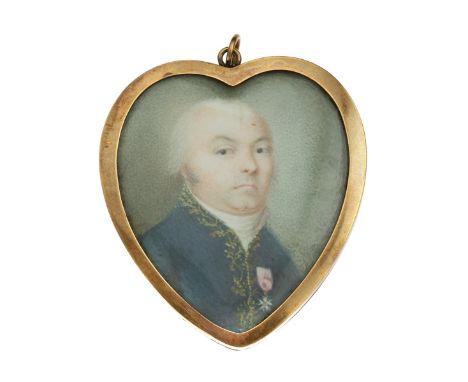 Portrait Miniature of an Aristocrat. Late 19th century. Heart shaped brass frame. Portrait of a gentleman facing right, with 
