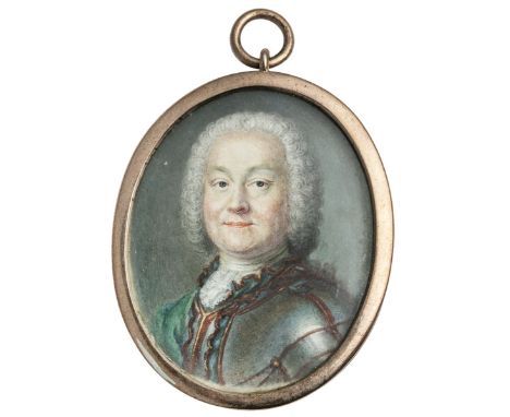Portrait of a Notable. European, 19th Century. In an oval gold, unmarked (likely 9K), 37x44mm. Peruked gentleman wearing a la