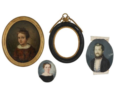 Trio of Portrait Miniatures. Bearded Gentleman wearing blue-striped vest and cravat. 19th Century. 2 1/3 x 2 5/8". Loose from