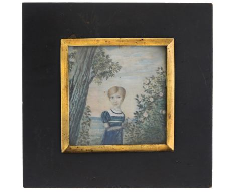 Portrait Miniature of a Gentlewoman in a Garden Scene. 19th Century. 62 x 66mm. Naïve style depiction of a young woman wearin