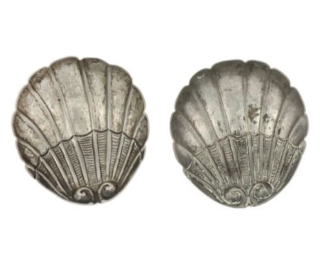 A Pair of 19th Century Silver Clamshell footed Saucers from a Noble Family. Likely German. 2 3/8 x 2 ½". Three ball feet. Sta