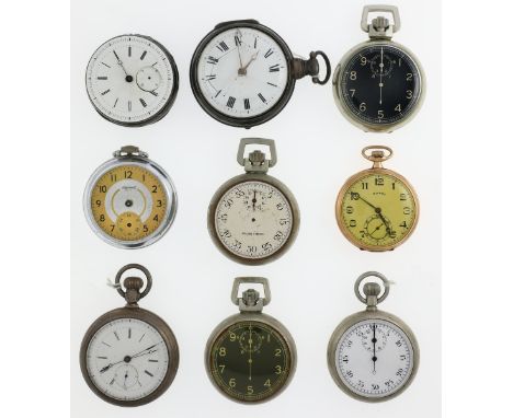 Assorted Pocket Watches. Contains: Elgin Timer, missing crystal; Illinois; Ingersoll, missing crystal; one has cracked crysta