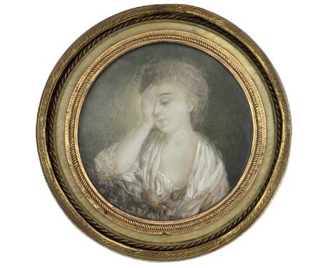 Portrait Miniature of a Young Woman cradling her face. European, likely English, 19th Century. In a fancy, braided border, gi