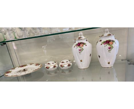 Selection of Royal Albert Old Country Rose pottery includes 2 lidded vases, clock etc