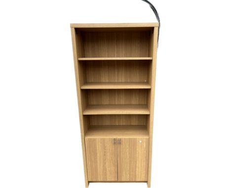 Oak effect 2 door, 4 shelf tall bookcase, approximate measurements: Height 73 inches, Width 31.5 inches, Depth 13 inches