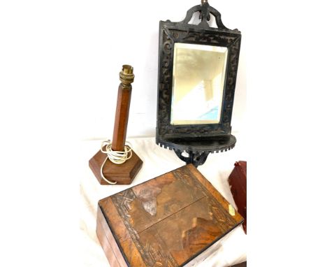 Selection of wooden items to include cased weights, lamp base, carved mirror etc 