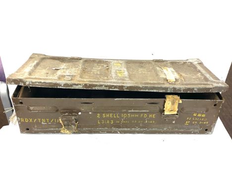 Vintage metal ammunition box, approximate measurements:  Height 7 inches, width 26 inches, depth 10.5 inches