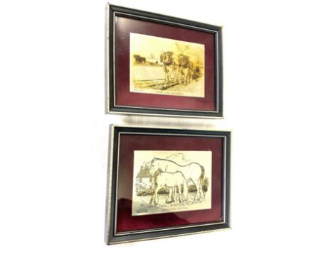 2 Framed sterling silver plaques includes Shire mare and foal and a Shire Pair Ploughing