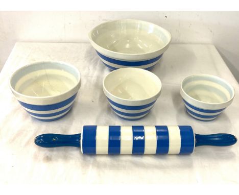 Selection of TG Green pottery includes rolling pin, mixing bowl and 3 small bowls