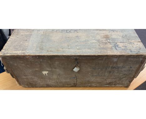 Wooden tool box with contents includes hammer hand drill etc, measures approx 14 inches tall 35 inches wide 12 inches depth