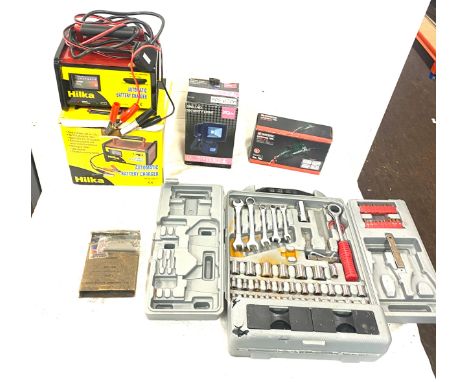 Selection of assorted tools includes Hilka battery charger etc 
