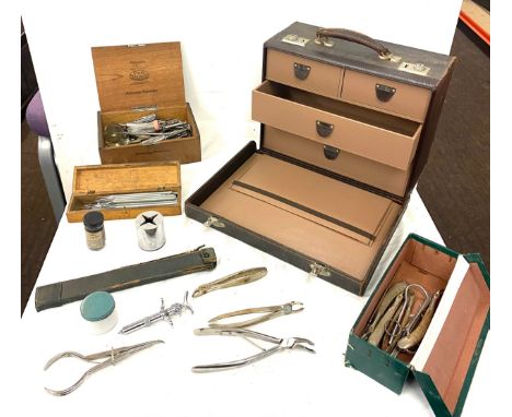 Selection of Vintage dentist equipment includes traveling dentist case, tools etc 