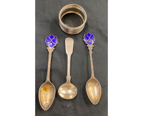 3 silver and enamel spoons and a silver napkin ring