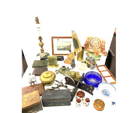 Large selection of miscellaneous includes Clock, Perfume bottle Framed print etc 
