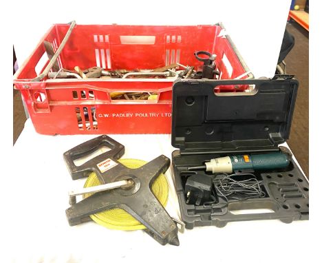 Large selection of assorted tools includes tape, stanley plane, black and decker electric screwdriver 