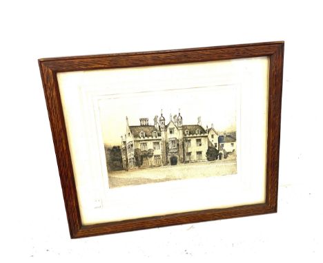 Vintage wooden framed etching of butah house signed, measures approx 