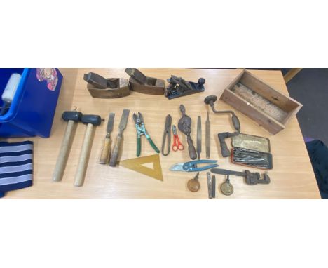 Selection of vintage tools includes wood working planes, hand drills, mallet etc 