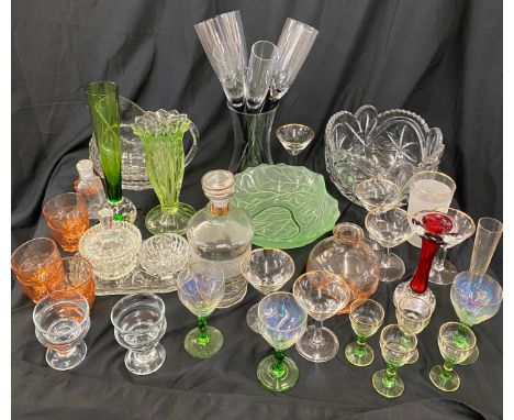 Large selection of vintage and later glassware includes green glass vase, champagne flute 