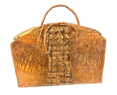 Vintage ladies crocodile bag, handle in need of repair, approximate measurements:  Height 14 inches, Width 19 inches, Depth 6