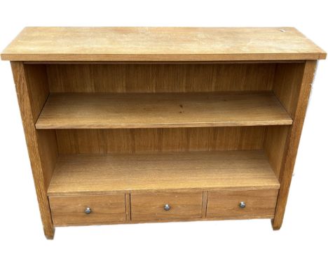 Oak 3 drawer 2 shelf low bookcase, approximate measurements: Height 34 inches, Width 43.5 inches, Depth 14 inches