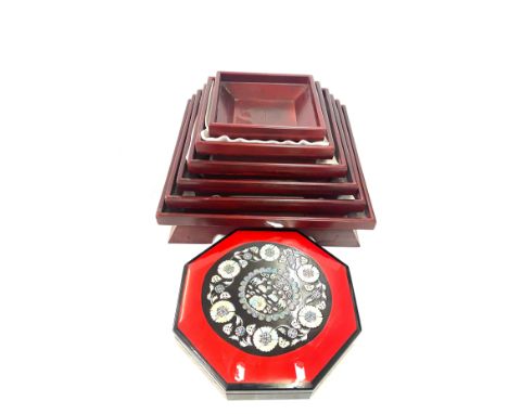 Vintage nest of trays and a oriental condiments set 