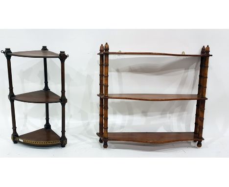 Stained wood wall hanging corner shelf bracket with gilt mounts and gallery and a stained wood three-tier wall hanging shelf 
