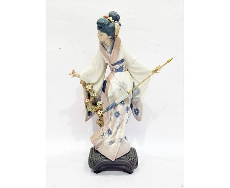 Lladro standing figure of a geisha with parasol and flowering branch, on integral square base, 27cm high No box. no obvious d