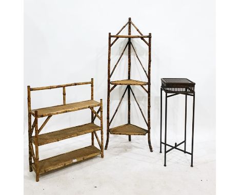 19th century bamboo corner whatnot, a further bamboo-framed whatnot and a modern standard lamp table (3) 