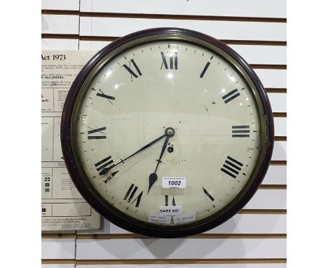 19th century wall clock, the circular painted dial with Roman numerals, in mahogany case with fusee movement, 40cm diameter a