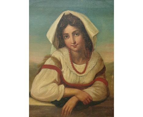 19th century Oil on canvasHalf-length portrait of a continental village girl leaning on a gate, 27cm x 20cm Oil on canvasHalf