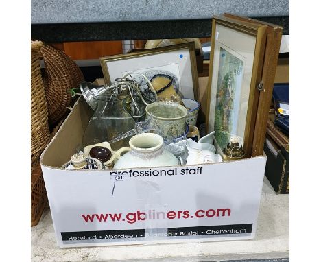 Box of assorted ceramics and glassware to include clam shape bowls, glass vase, print of cottage, etc