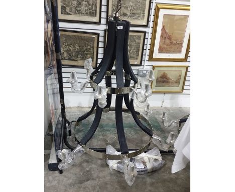 12-light electrolier arranged six over six, finished in stained wood and steel (VAT payable on hammer)