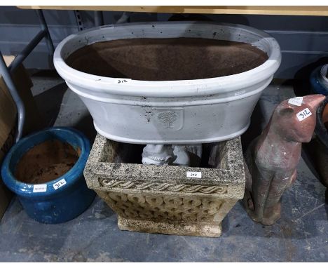 Quantity garden ornaments&nbsp;&nbsp;to include square stone garden planter with frieze decoration, cream ceramic oval plante