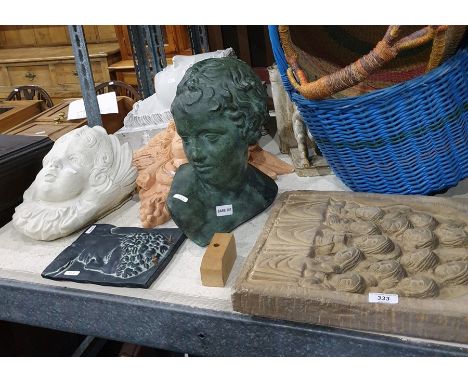 Quantity of garden ornaments and planters in the form of busts,cherubs. statuettes, stone plaque of The Last Supper in relief