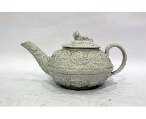 Early 19th century Wedgwood teapot, the grey glazed body with raised scrolling decoration and with spaniel knop, 7cm high Rou