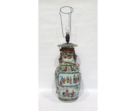 19th century Chinese Canton porcelain famille rose vase&nbsp;converted to table lamp, baluster-shaped body, having panels of 