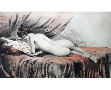 Tinted black and white print of female nude reclining and reading a magazine, 22cm x 33cm and a colour print after Howard Cha