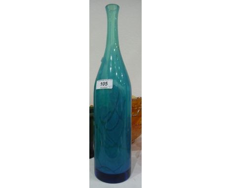 Mdina style blue glass bottle vase, a iridescent green glass vase with painted floral decoration, a green glass bottle vase w