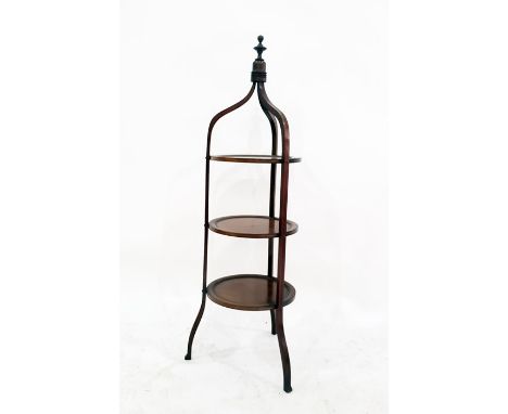 Three-tier mahogany and satinwood inlaid cake stand with turned finial uniting the three shaped supports, uniting the three d
