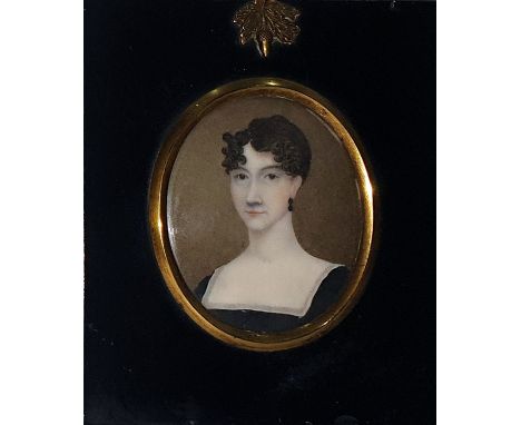 Regency portrait miniature, head and shoulders of a lady 'Lettice Arnold', 6cm x 5cm, inscribed verso, in ebonised frame to b