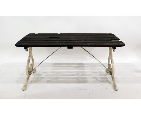 Slatted wooden garden bench on a white painted iron frame and a plastic two-tier garden tea trolley (2) 