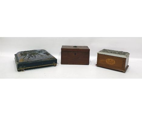 Georgian mahogany tea caddy of plain rectangular form, with geometric band to the base, a Victorian ebonised footstool of squ