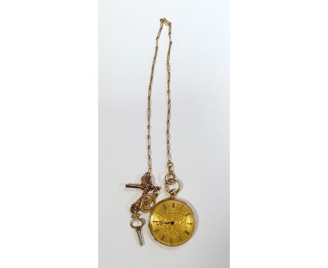 Lady's Swiss gold fob watch, the dial with engraved floral decoration and black enamel Roman numerals, the case with engraved