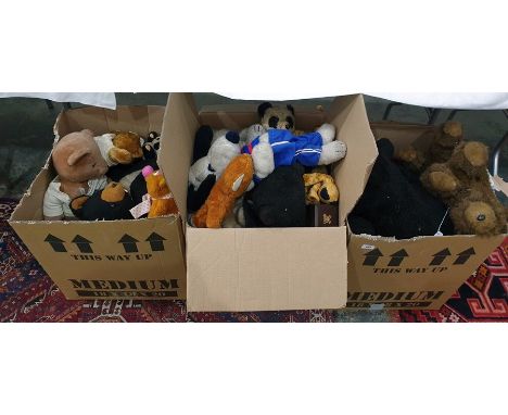 Three boxes of assorted teddy bears to include a Steiff bear head pin, a Sooty hand puppet, etc 