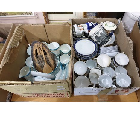 Two boxes of ceramics to include Harrods part tea service, Wedgwood souvenir mug, etc
