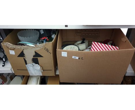 Two boxes of assorted ceramics and glassware to include glass cockerel, glass elephant, cups, etc