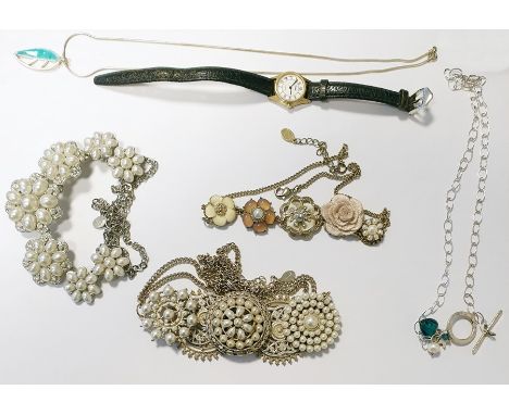 Quantity of costume jewellery including a marcasite pair of drop earrings, a bangle with floral cloisonne enamel decoration, 