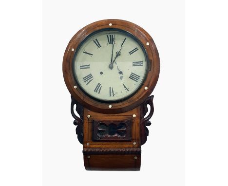 Late Victorian eight-day drop-dial wall clock, the circular painted dial with Roman numerals, in walnut case with mother-of-p