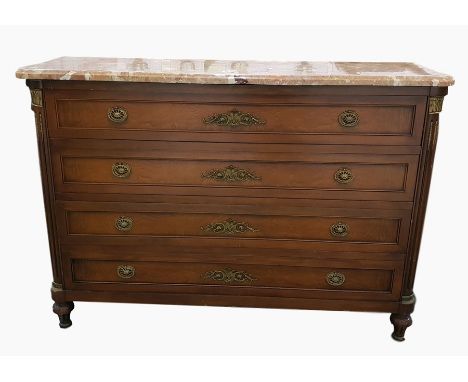 20th century marble topped French style four-drawer commode with gilt decorated column style pilasters, brass handles and esc